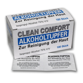 Alkoholtupfer CLEAN-COMFORT, 30x65mm, gefaltet auf ca. 32x30mm, einzeln verpackt, Schachtel à 100x1 Stück